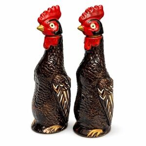 VTG Rooster Oil Vinegar Cruet Set Ceramic Farmhouse Kitchen Decor 7" Chickens